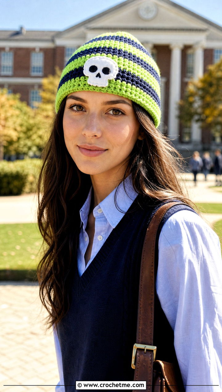 Striped Crochet Skull Beanie With Pleated Skirt - 30 crochet skull beanie outfit ideas