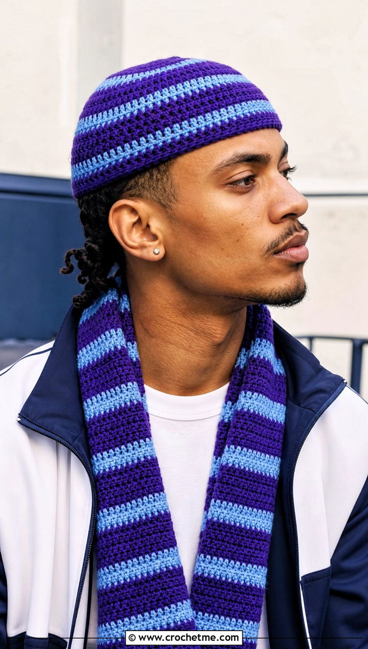 Striped Crochet Skull Cap And Scarf With Track Jacket - 20 Crochet Mens Hat And Scarf outfit ideas
