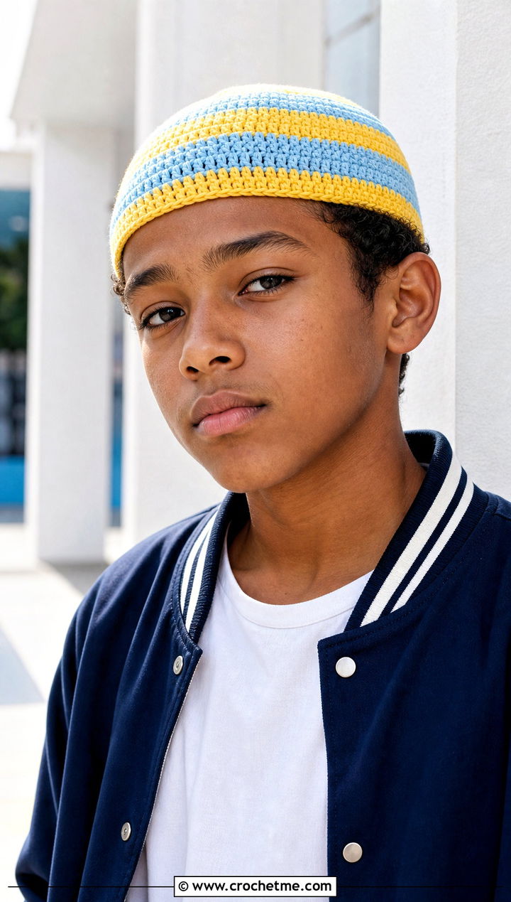 Striped Crochet Skull Cap With Baseball Jacket - 15 Childs Crochet Hat outfit ideas
