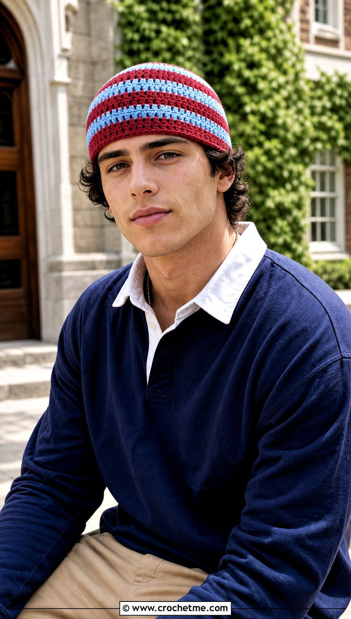 Striped Crochet Skull Cap With Rugby Shirt And Chinos - 25 Crochet Skull Cap For Men outfit ideas