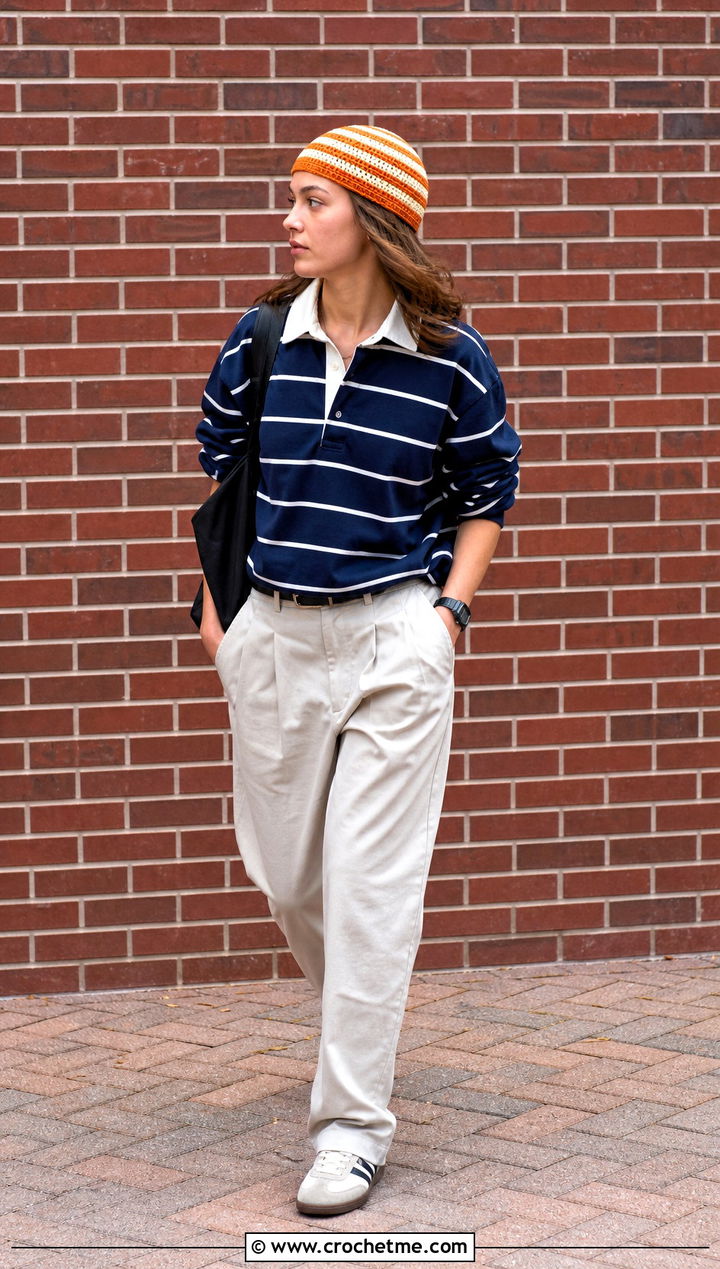Striped Crochet Skullcap With Rugby Shirt And Trousers - 35 crochet tiny hat outfit ideas