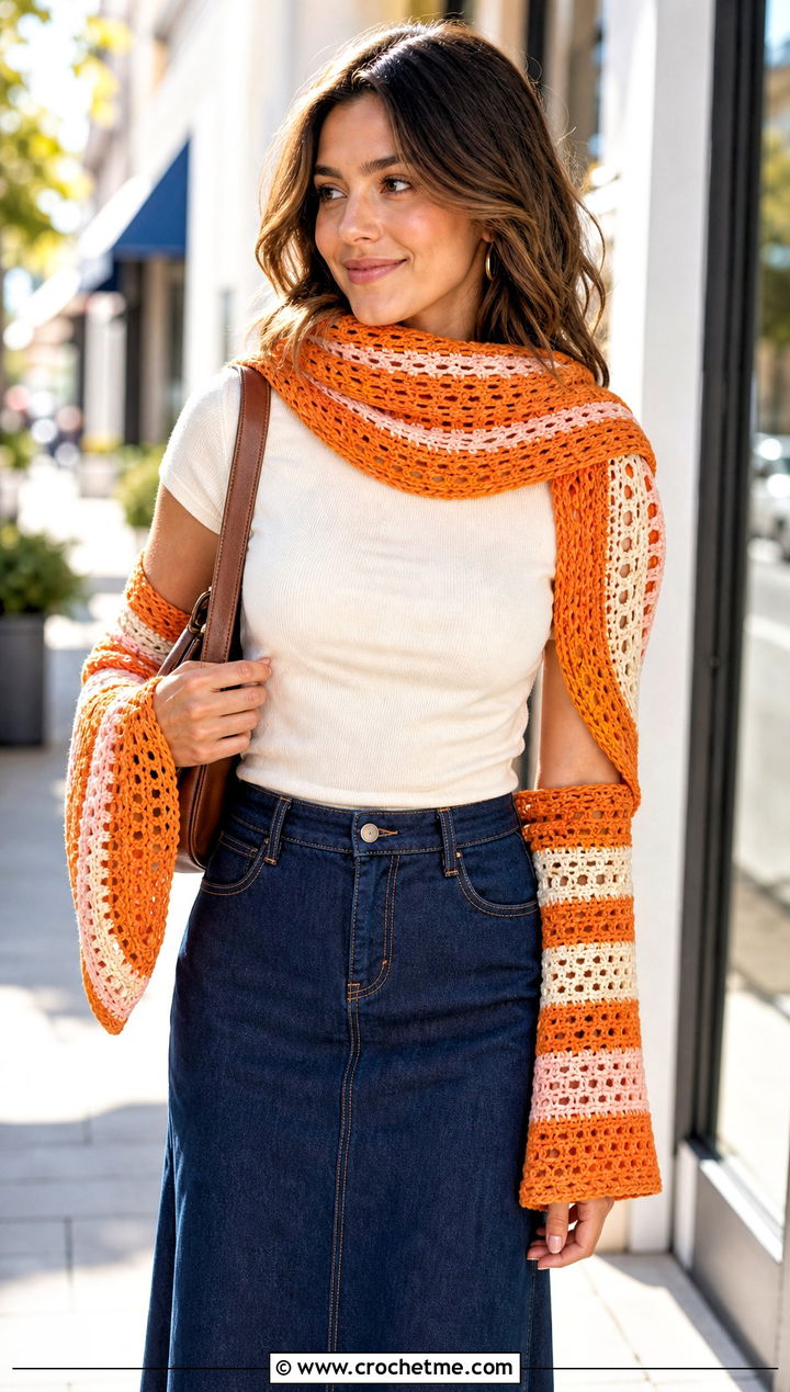 Striped Crochet Sleeve Scarf With Denim Midi Skirt - 30 crochet sleeve scarf outfit ideas
