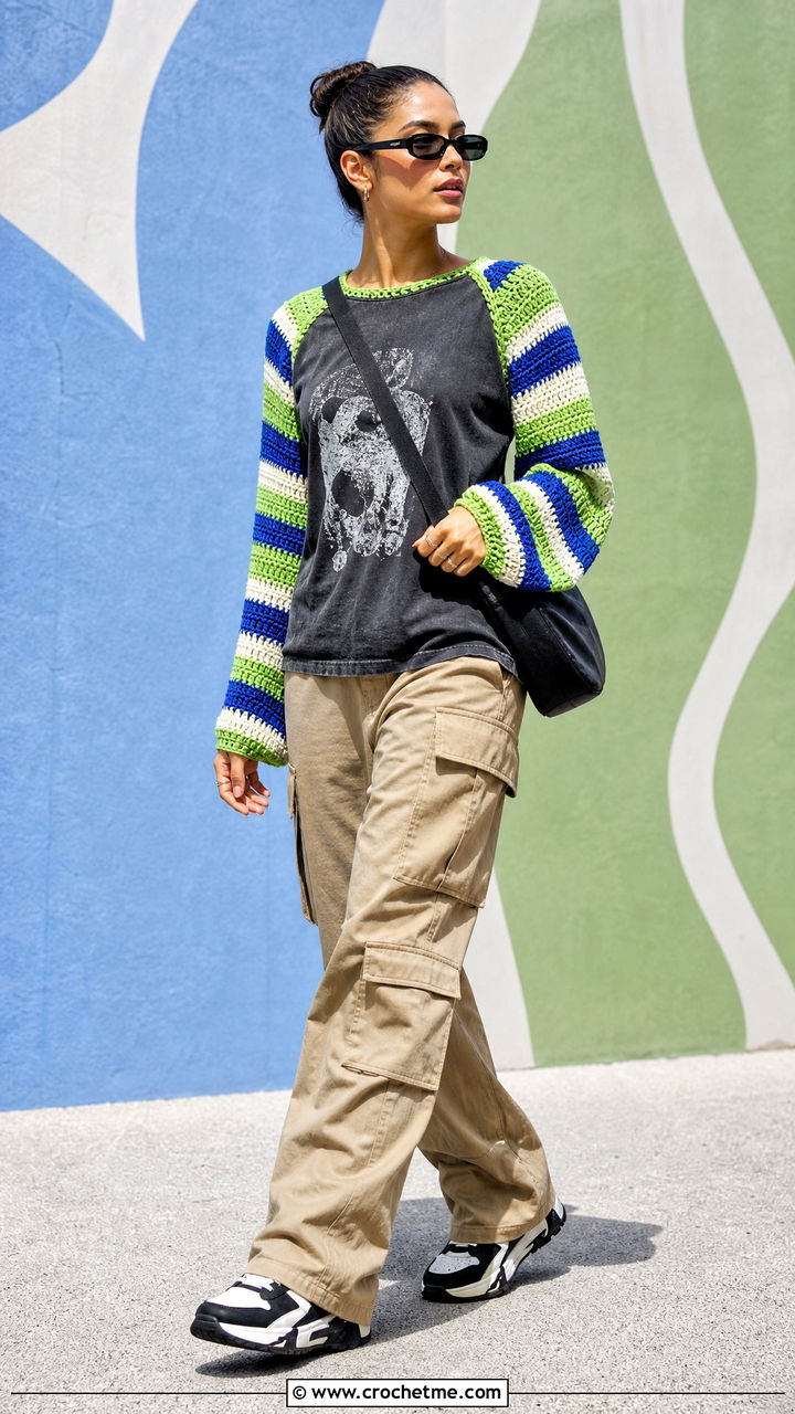 Striped Crochet Sleeve Top With Cargo Pants - 35 crochet half sweater outfit ideas