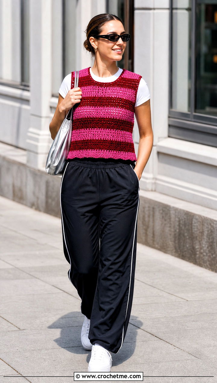 Striped Crochet Slipover Vest With Track Pants - 15 crochet slip over vest outfit ideas