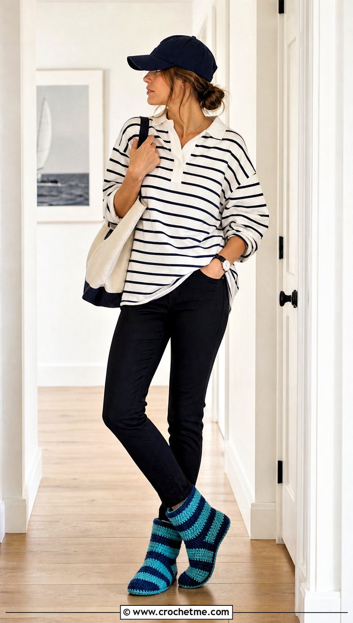 Striped Crochet Slipper Boots With Rugby Shirt - 35 crochet slipper boots outfit ideas
