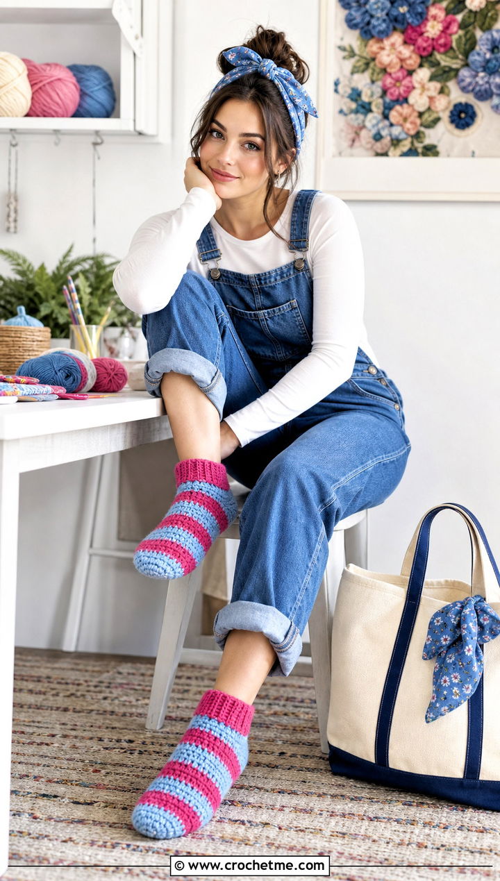 Striped Crochet Slipper Socks With Overalls - 25 Quick Crochet Slippers outfit ideas