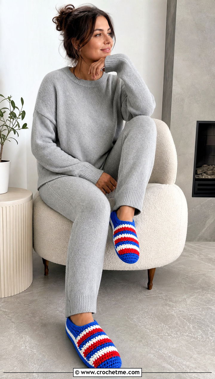 Striped Crochet Slippers With A Monochrome Outfit - 25 simple crochet slippers outfit ideas