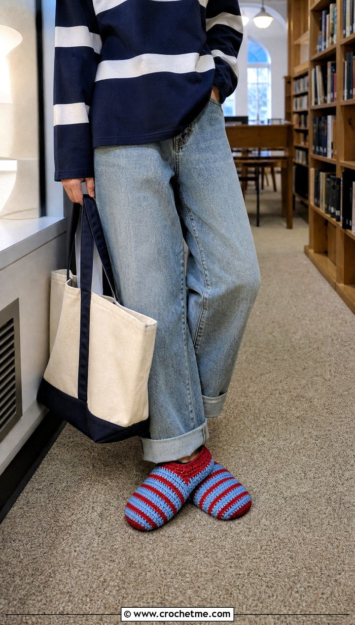 Striped Crochet Slippers With A Rugby Shirt And Jeans - 25 crochet winter slippers outfit ideas