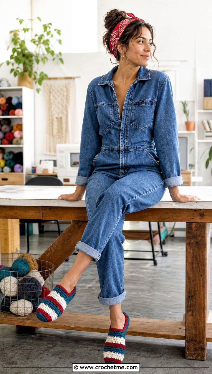 Striped Crochet Slippers With Denim Jumpsuit - 25 Easy Crochet Slippers For Beginners outfit ideas