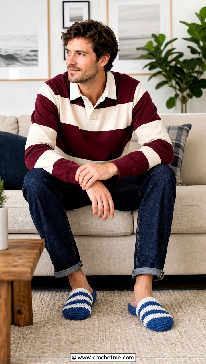 Striped Crochet Slippers With Rugby Shirt And Jeans - 30 easy mens crochet slippers outfit ideas