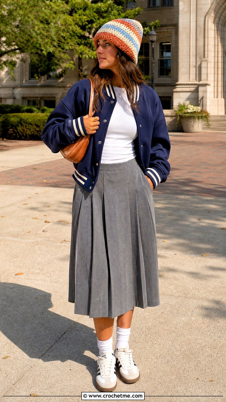 Striped Crochet Slouchy Hat With Varsity Jacket And Pleated Skirt - 35 crochet slouchy hat outfit ideas