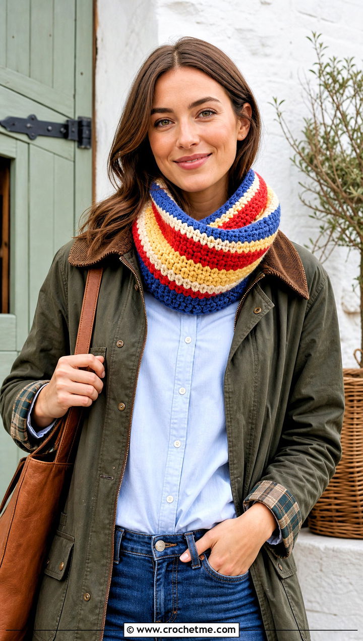 Striped Crochet Snood Cowl With Barn Jacket - 20 crochet snood cowl outfit ideas