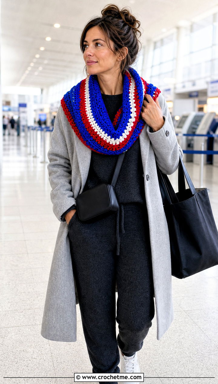 Striped Crochet Snood Scarf With Airport Outfit - 25 snood crochet scarf outfit ideas