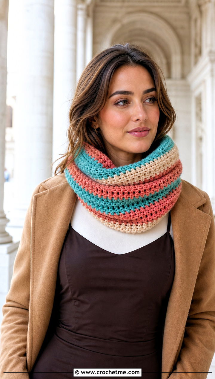Striped Crochet Snood Scarf With a Slip Dress - 25 crochet snood scarf outfit ideas
