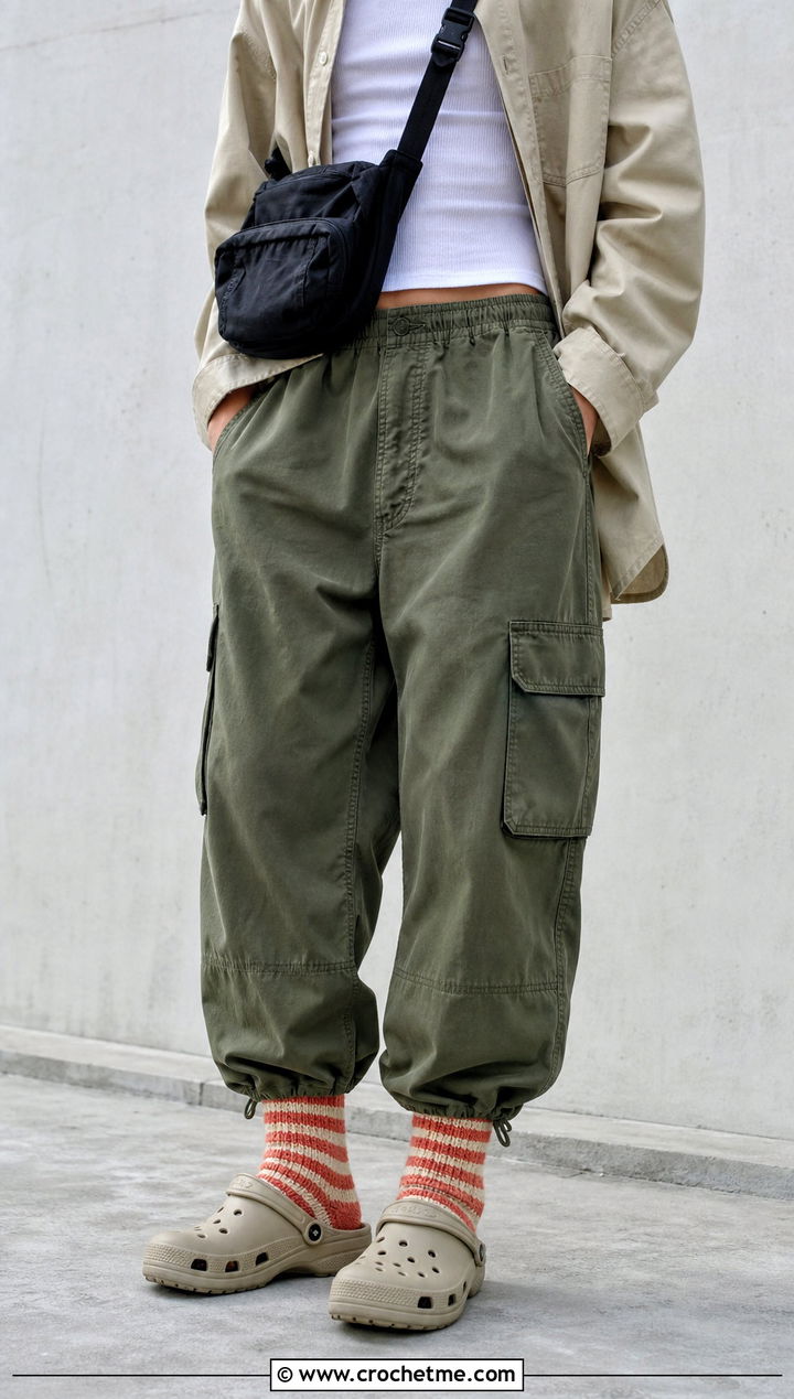 Striped Crochet Socks With Cargo Pants - 20 croc crochet socks outfit ideas