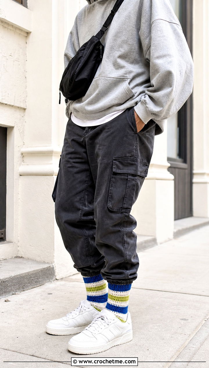 Striped Crochet Socks With Hoodie And Cargo Pants - 25 men's crochet socks outfit ideas