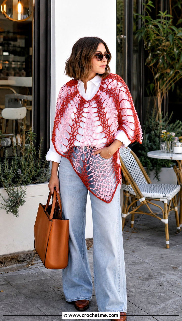 Striped Crochet Spiderweb Shawl With White Shirt And Jeans - 30 Crochet Spiderweb Shawl outfit ideas