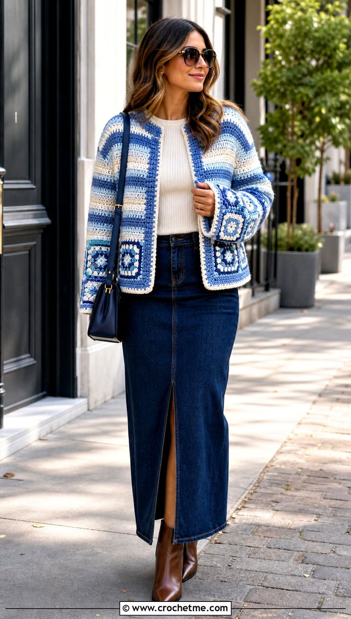 Striped Crochet Square Jacket With Denim Maxi Skirt - 30 crochet square jacket outfit ideas