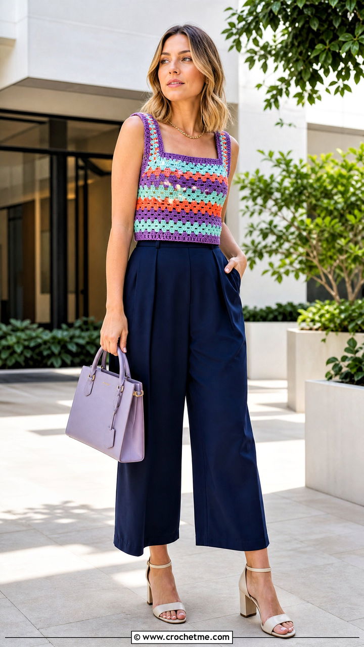 Striped Crochet Square Neck Top With Culottes - 35 striped crochet top outfit ideas