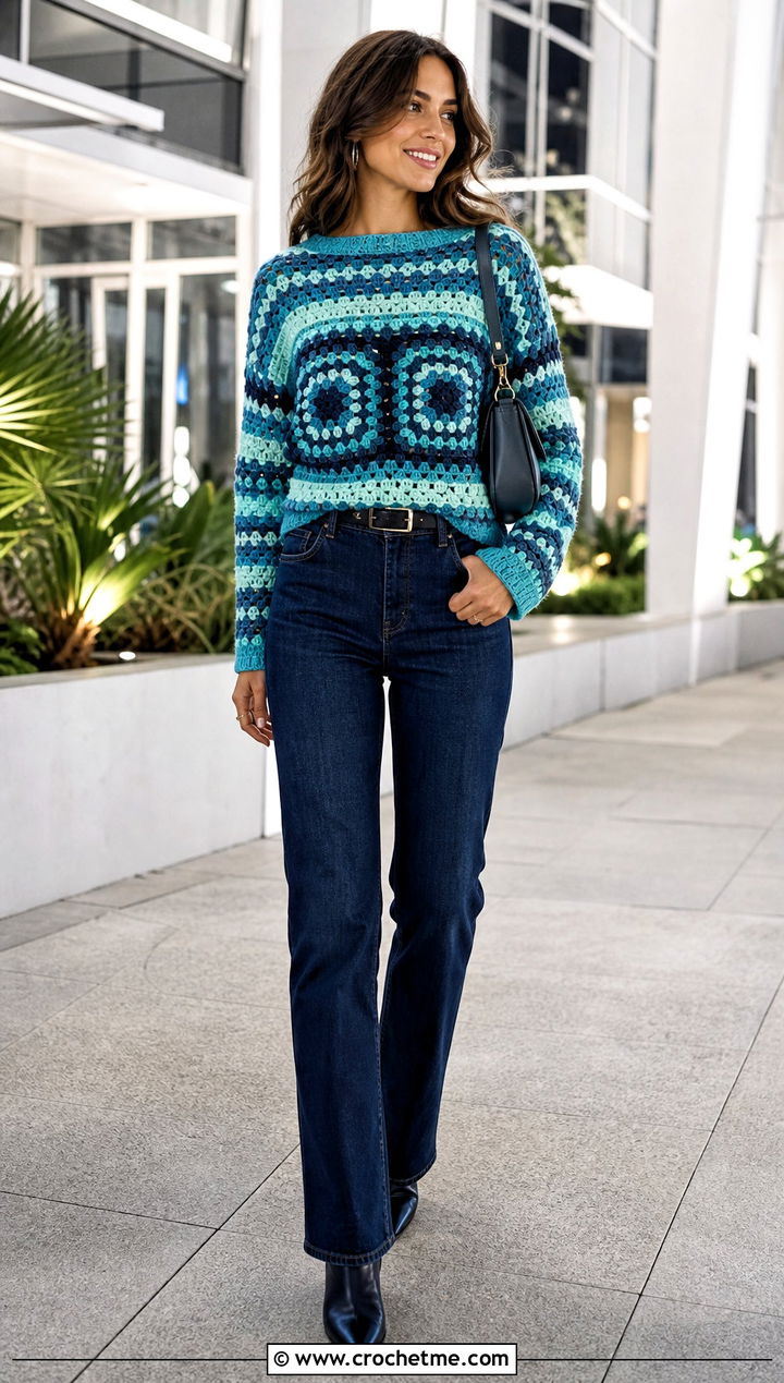 Striped Crochet Square Sweater With Dark Wash Jeans - 35 Crochet Square Sweater outfit ideas