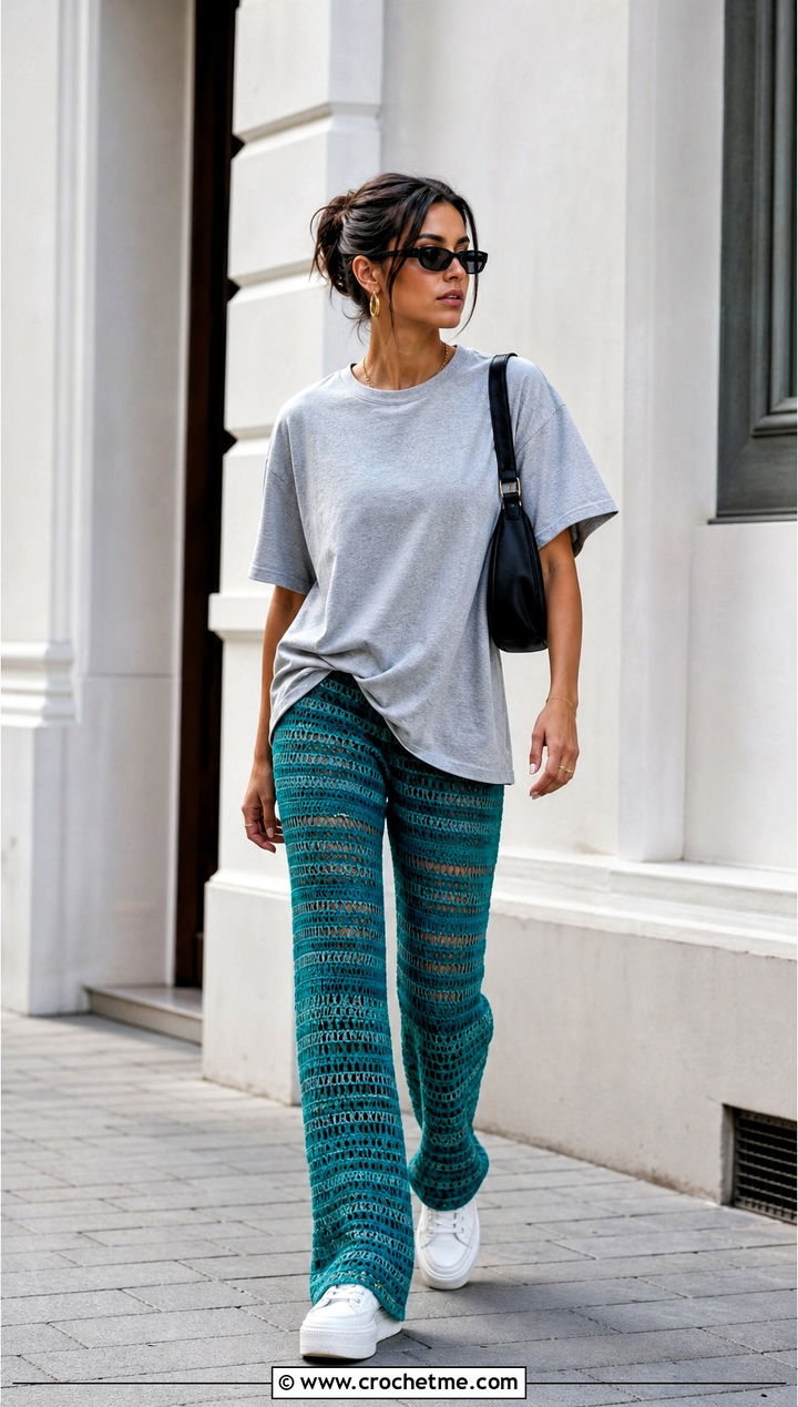 Striped Crochet Stacked Pants With Oversized T Shirt - 25 Crochet Stacked Pants outfit ideas