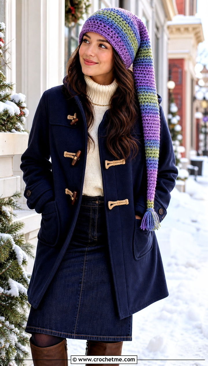 Striped Crochet Stocking Cap With Duffle Coat And Denim Skirt - 30 easy crochet winter hat outfit ideas