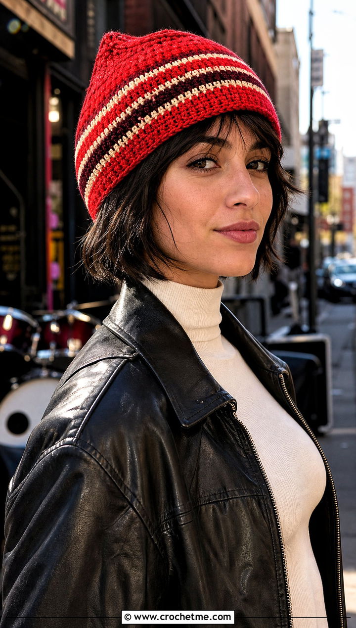 Striped Crochet Stocking Cap With Leather Jacket - 30 crochet stocking cap outfit ideas