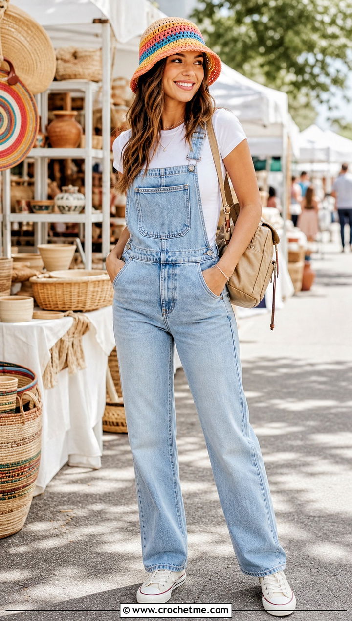 Striped Crochet Straw Bucket Hat With Overalls - 35 crochet straw hat outfit ideas