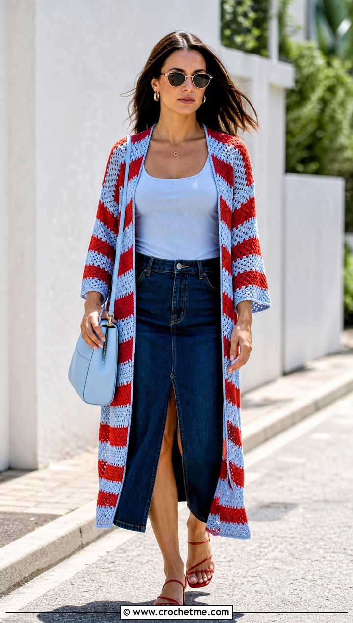 Striped Crochet Summer Kimono With Denim Midi Skirt - 30 crochet summer kimono outfit ideas