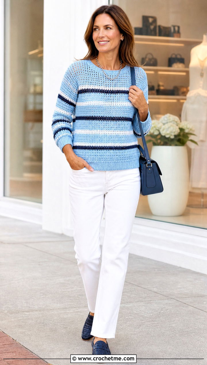 Striped Crochet Summer Pullover With White Straight Leg Jeans - 25 crochet summer pullover outfit ideas