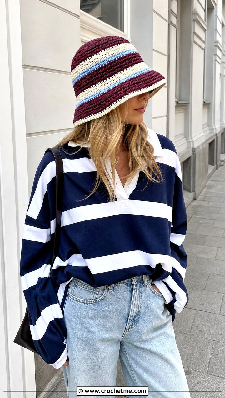 Striped Crochet Sun Hat With Rugby Shirt And Jeans - 25 Easy Crochet Sun Hat outfit ideas