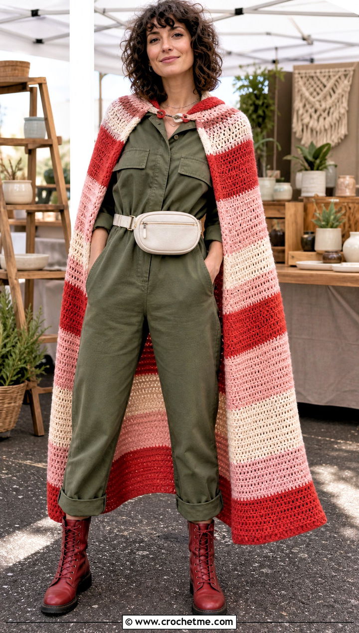 Striped Crochet Super Hero Cape With Utility Jumpsuit - 25 Crochet Super Hero Cape outfit ideas