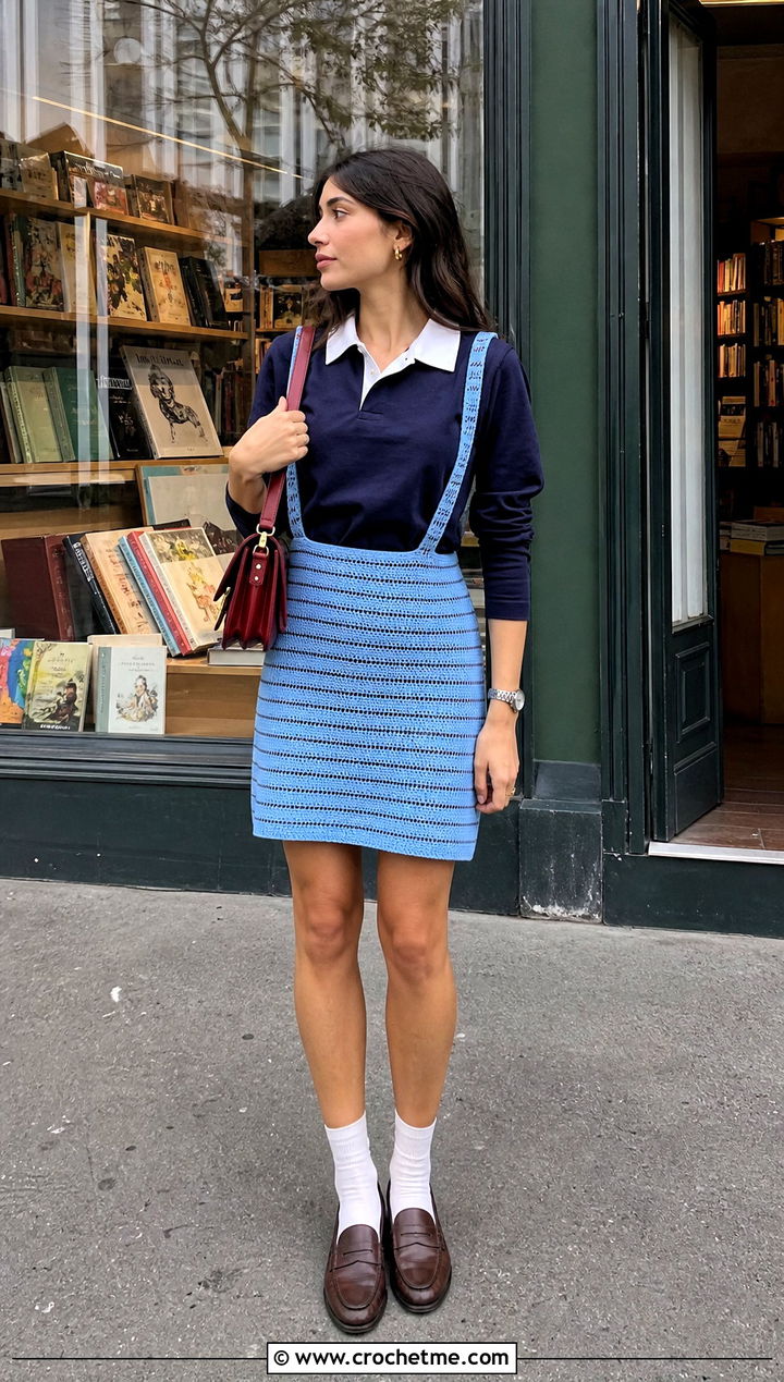 Striped Crochet Suspender Skirt With Rugby Shirt - 25 crochet skirt with suspenders outfit ideas