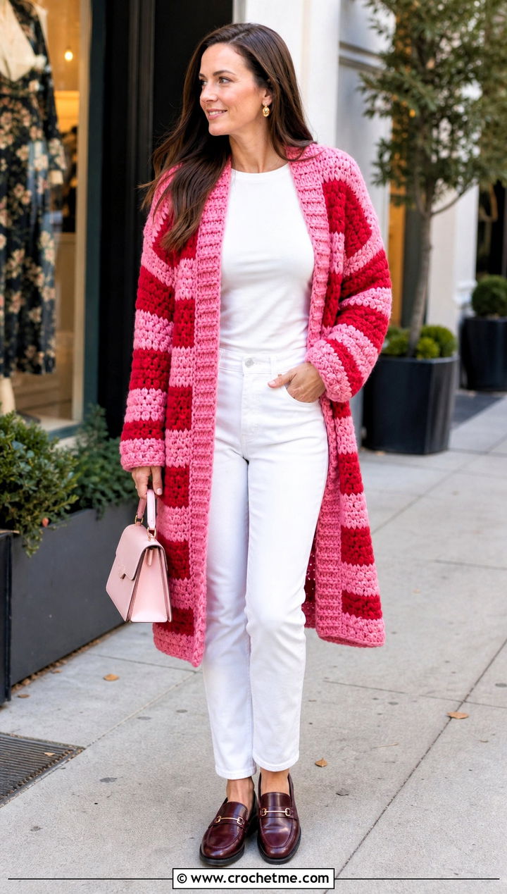 Striped Crochet Sweater Coat With White Jeans And Loafers - 20 Crochet Sweater Coat outfit ideas