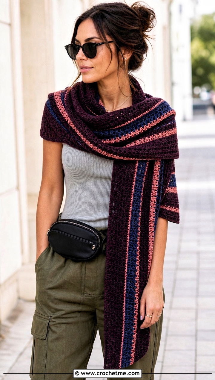 Striped Crochet Sweater Scarf Wrap With Cargo Pants - 30 crochet scarf sweater wrap outfit ideas