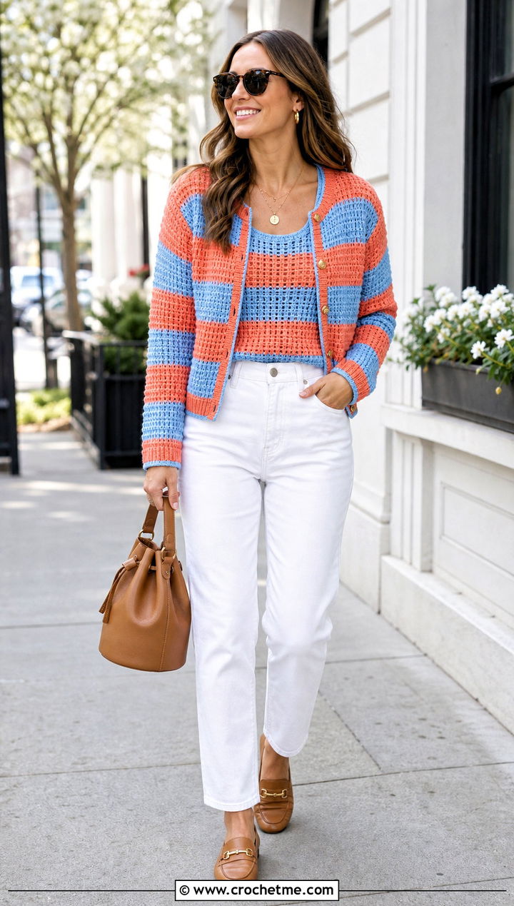 Striped Crochet Sweater Set With White Jeans - 25 Crochet Sweater Set outfit ideas