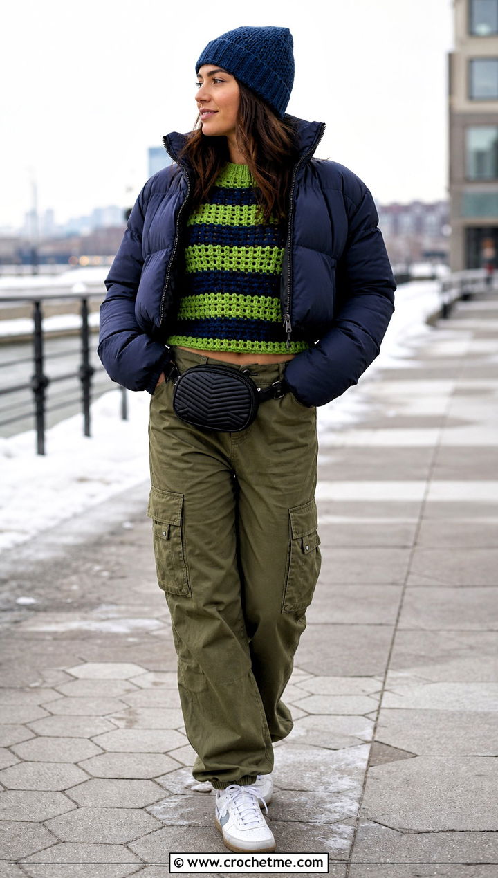 Striped Crochet Sweater Top With Cargo Pants - 35 winter crochet top outfit ideas
