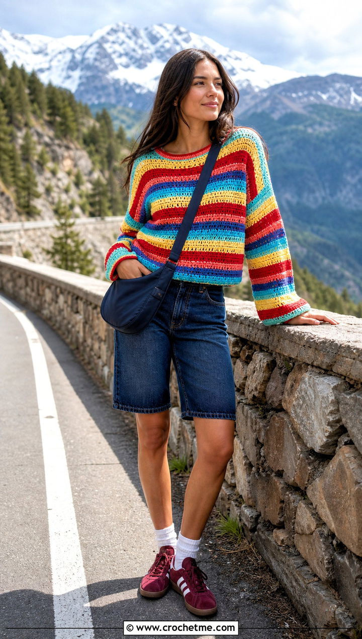 Striped Crochet Sweater Top With Denim Shorts - 25 Spring Crochet Tops outfit ideas