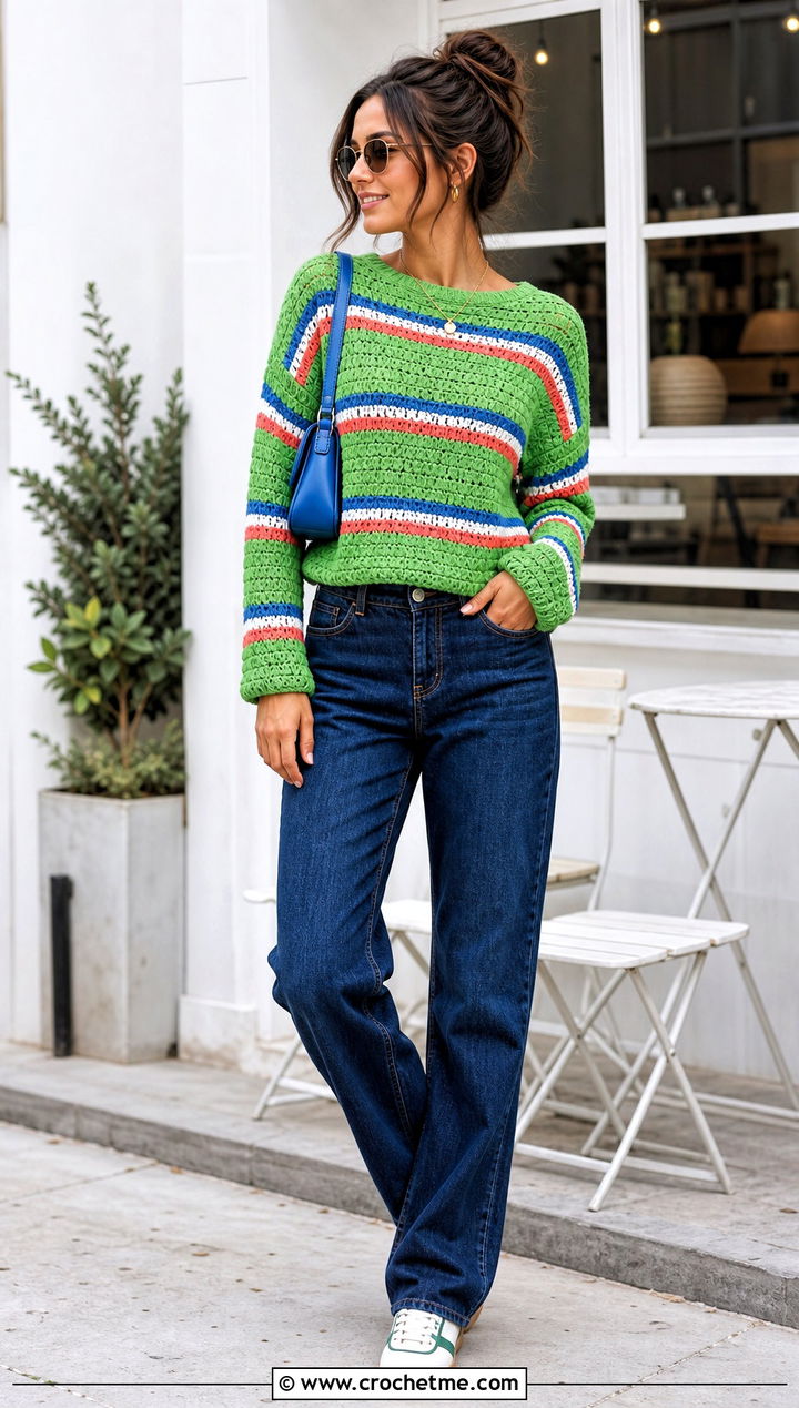 Striped Crochet Sweater Top With Straight Leg Jeans - 20 Crochet Tops With Long Sleeves outfit ideas