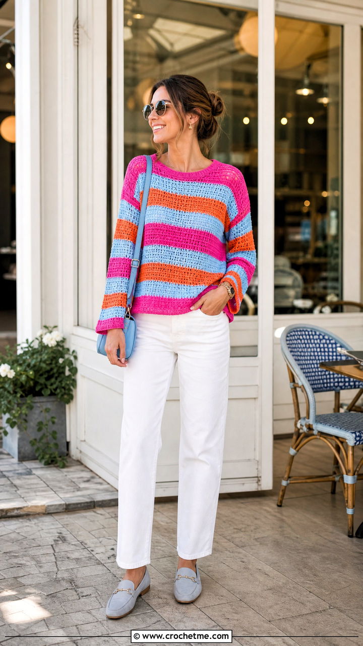 Striped Crochet Sweater Top With White Jeans - 35 easy crochet tops outfit ideas