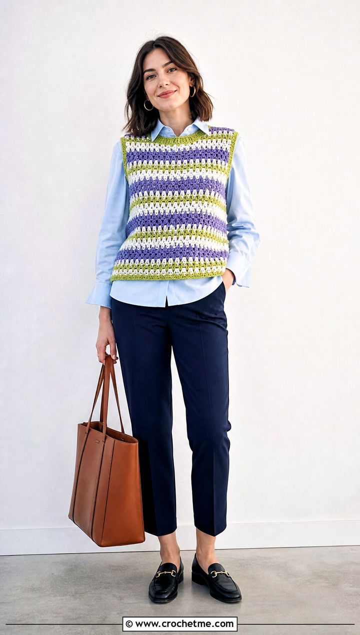 Striped Crochet Sweater Vest With Poplin Shirt - 30 striped crochet sweater outfit ideas