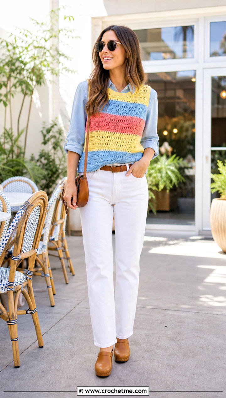 Striped Crochet Sweater Vest With White Jeans - 25 diy crochet sweater vest outfit ideas