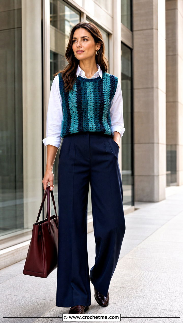 Striped Crochet Sweater Vest With White Shirt And Tailored Trousers - 15 Handmade Crochet Sweater Vest outfit ideas