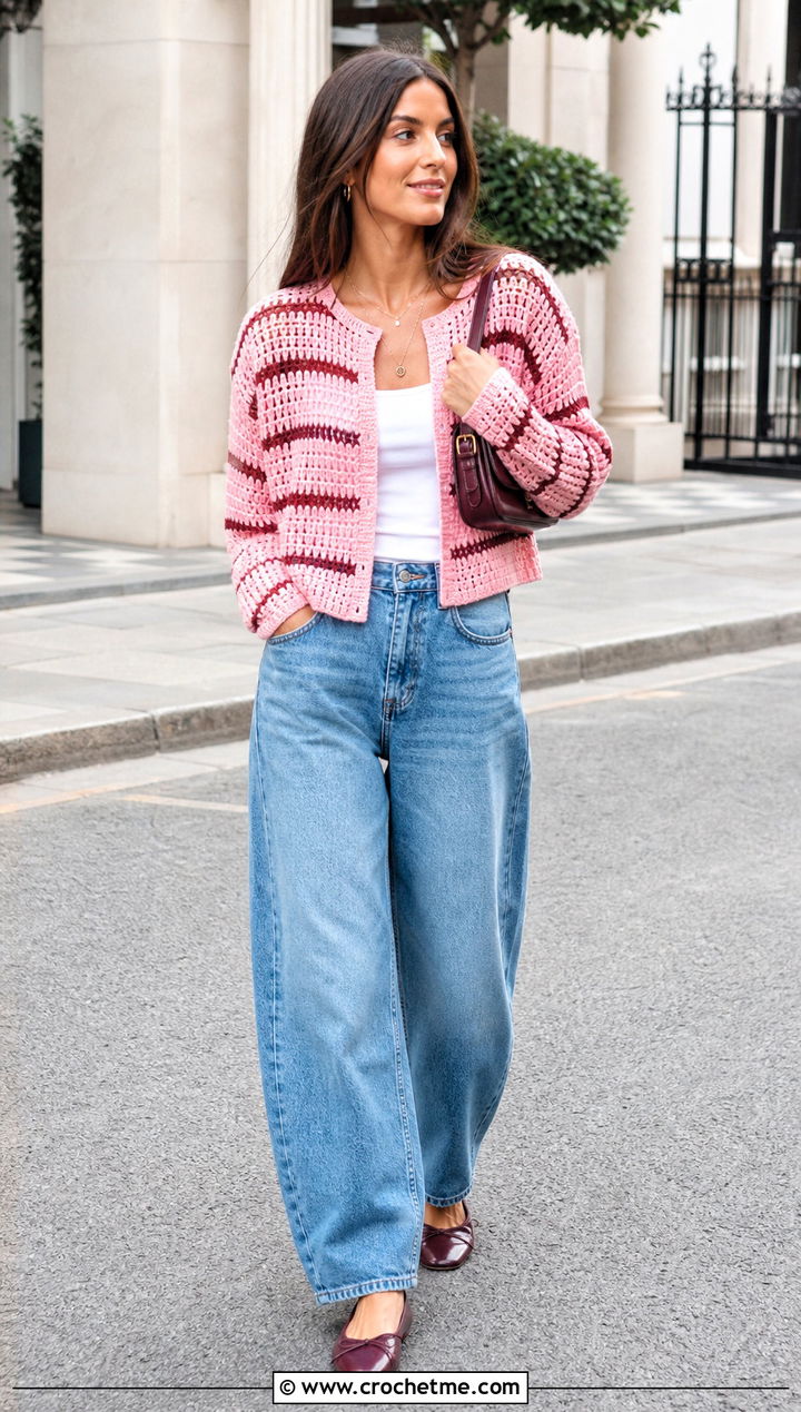 Striped Crochet Sweater With Barrel Jeans - 25 Womens Crochet Sweater outfit ideas