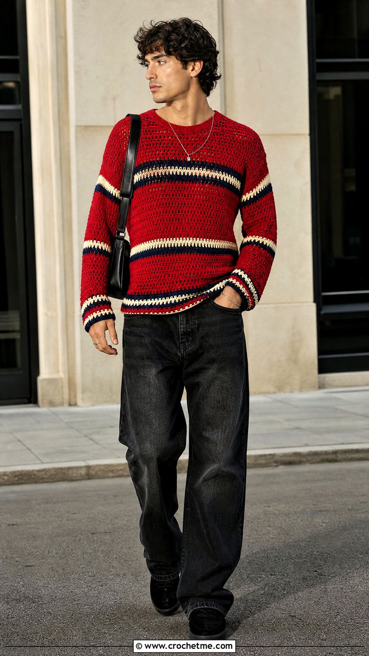 Striped Crochet Sweater With Black Jeans - 35 crochet sweater for men outfit ideas