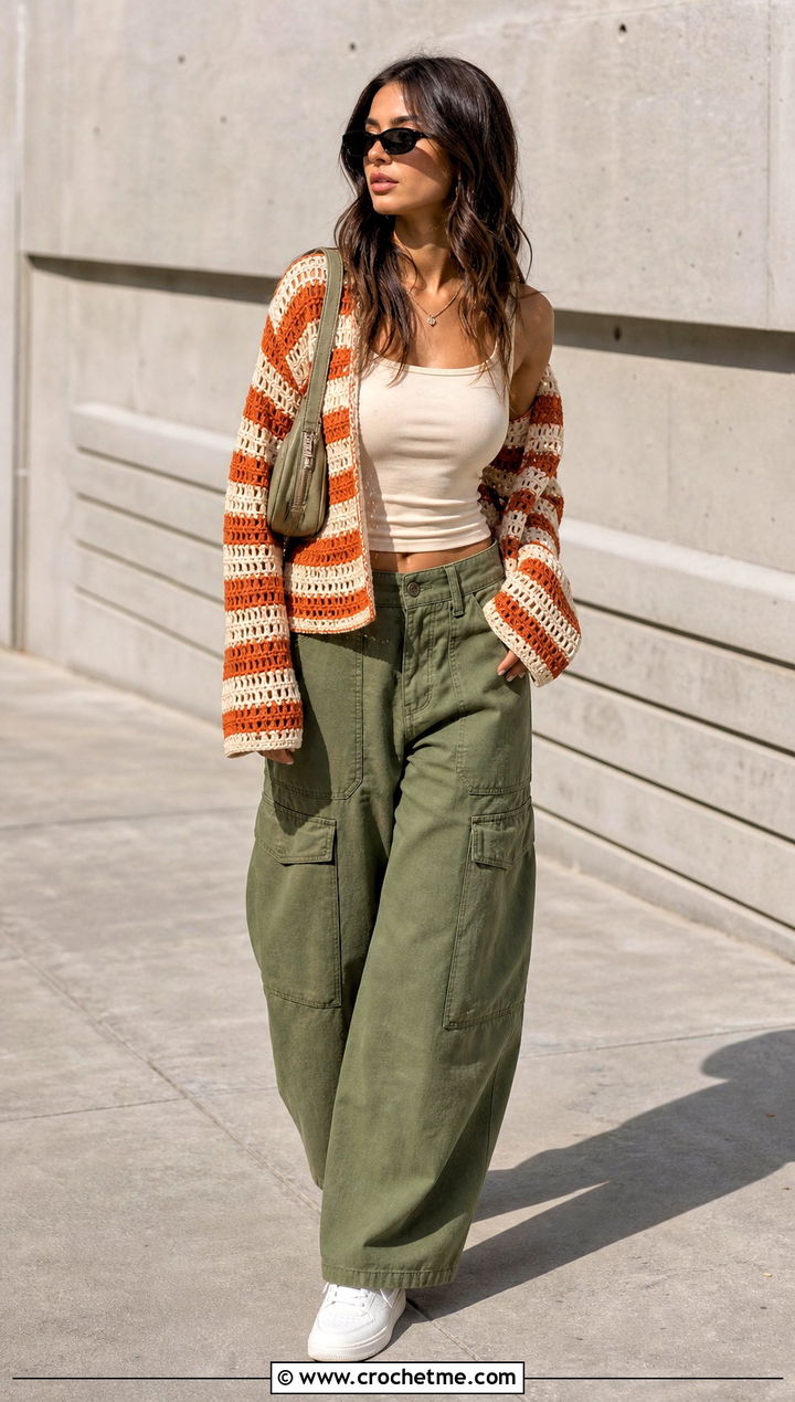 Striped Crochet Sweater With Cargo Pants - 15 Summer Style Crochet Sweater outfit ideas