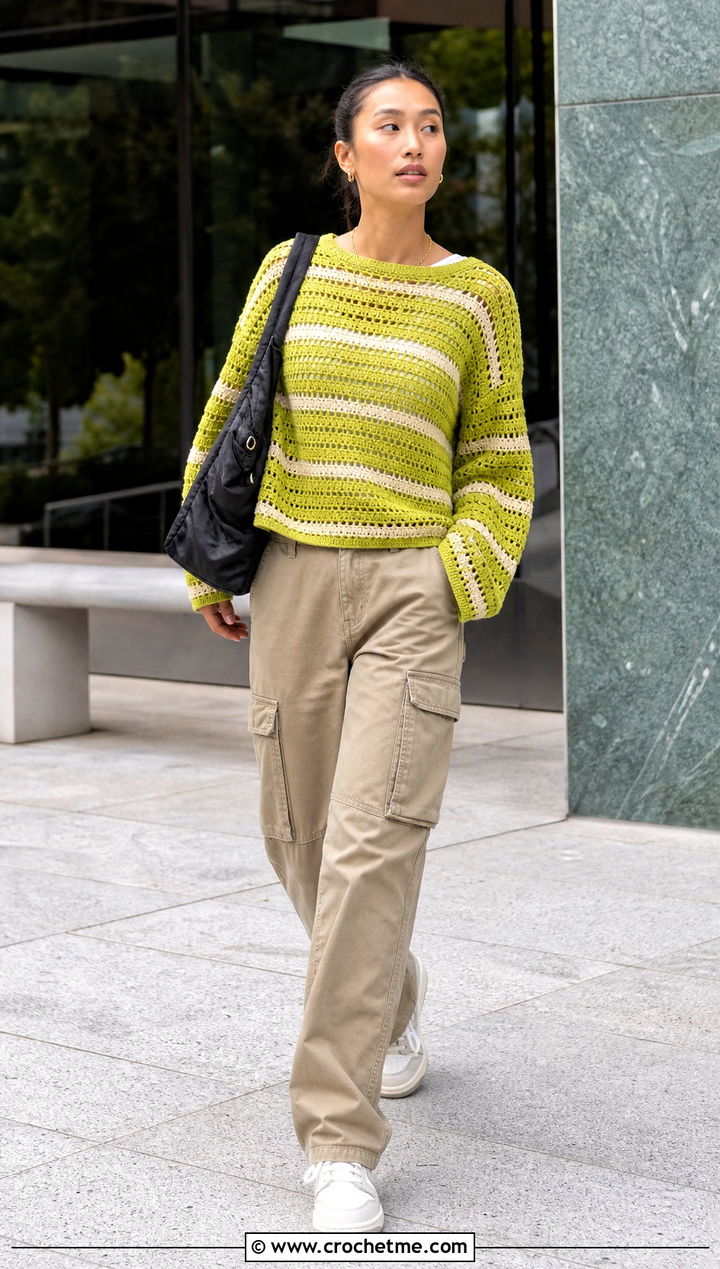 Striped Crochet Sweater With Cargo Pants - 15 Sweaters To Crochet For Women outfit ideas