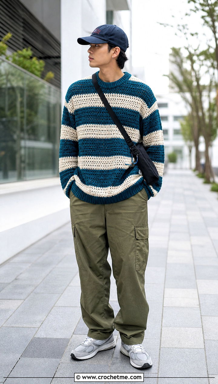 Striped Crochet Sweater With Cargo Pants - 30 male crochet sweater outfit ideas