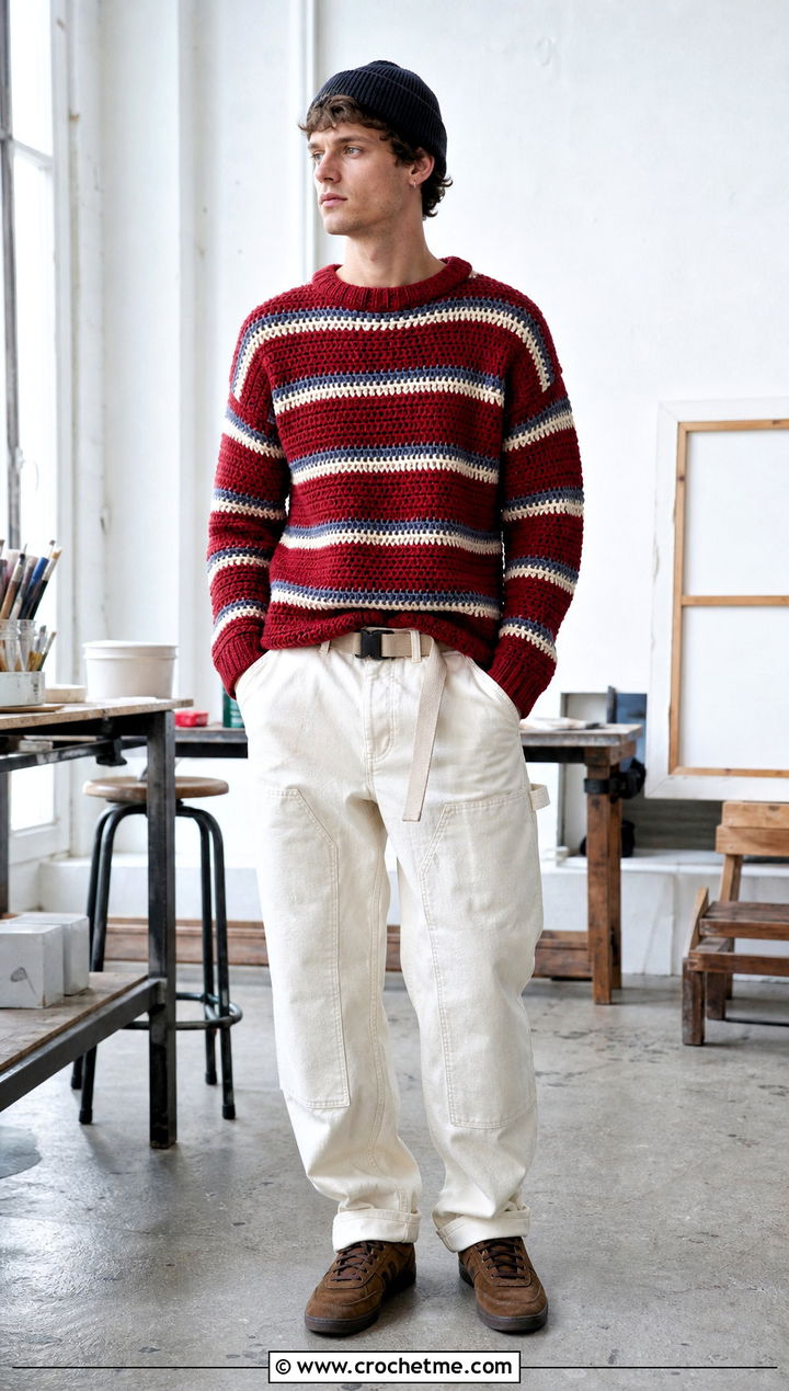 Striped Crochet Sweater With Carpenter Pants - 15 Crochet Mens Sweaters outfit ideas