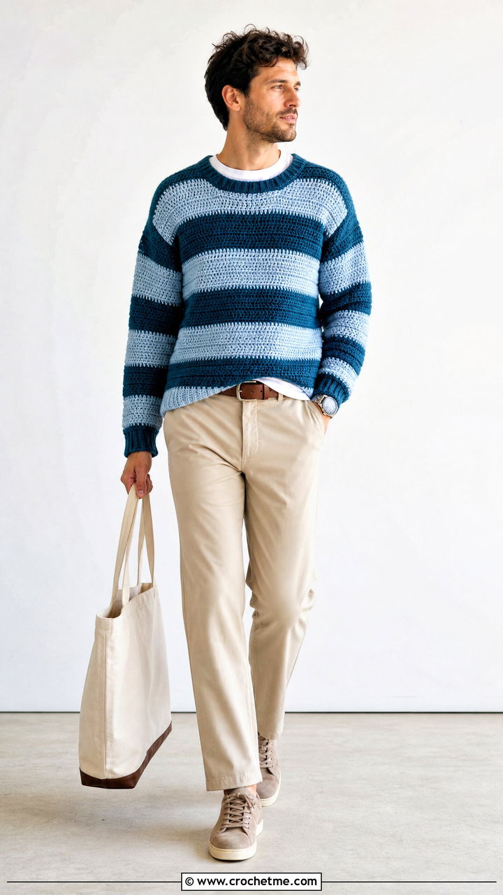 Striped Crochet Sweater With Chinos - 35 men crochet sweater outfit ideas